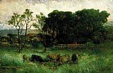 Edward Mitchell Bannister Canvas Paintings - five cows in pasture
